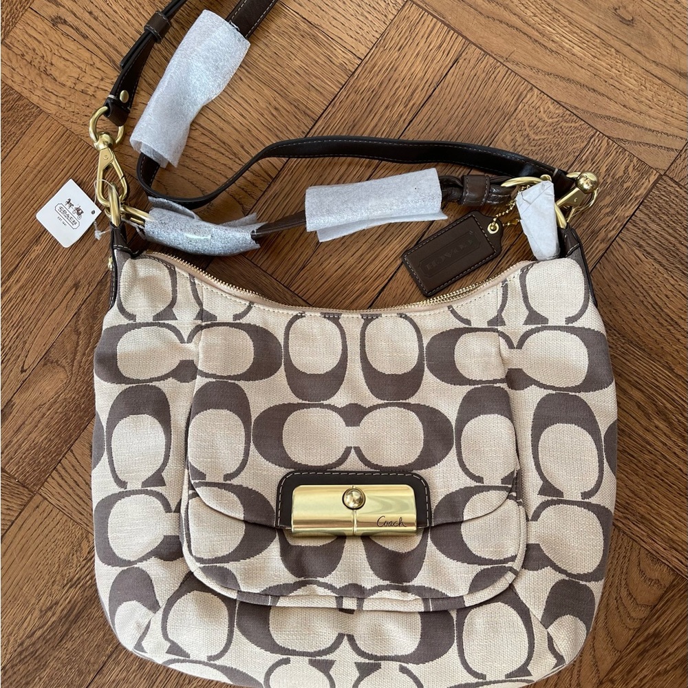 Coach Kristin Linen Hobo Bag Beige Brown Signature C Handbag Purse 16817